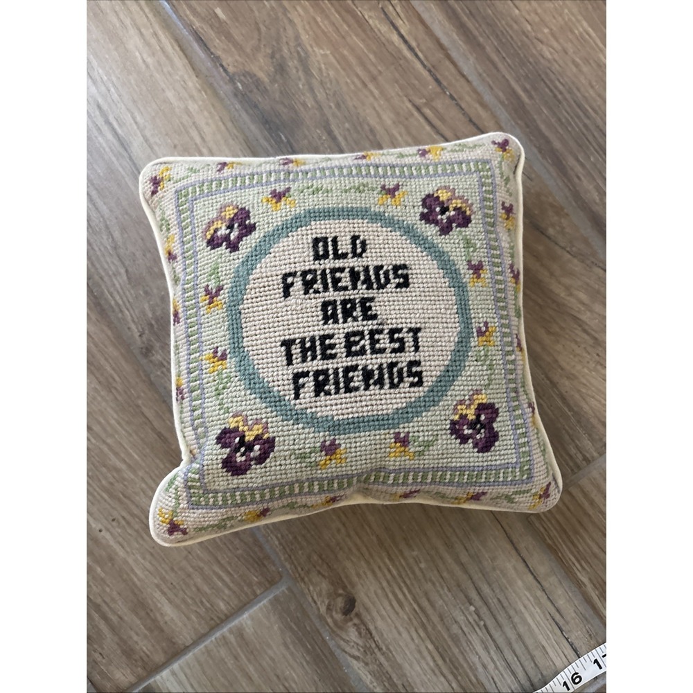 Needlepoint "Old Friends Are The Best Friends" Pillow Cream Velvet Back 9" x 9"
